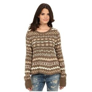 🧶 Free People Brown Cream  "Through the Storm" Fair Isle Striped Sweater Size XS